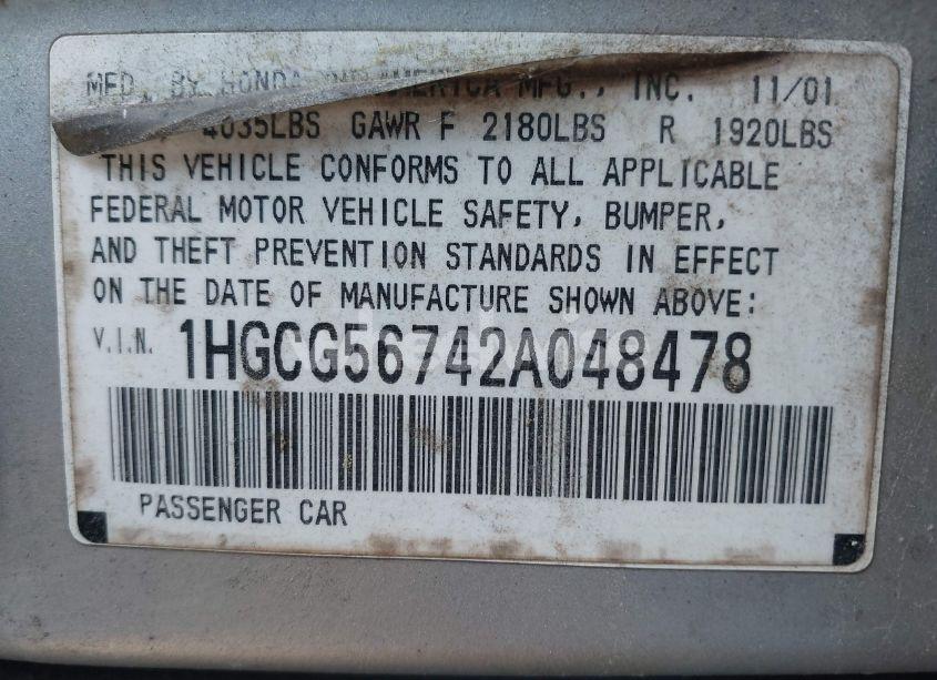 Photo 9 of 2002 Honda Accord 2.3 SE (VIN 1HGCG56742A048478)