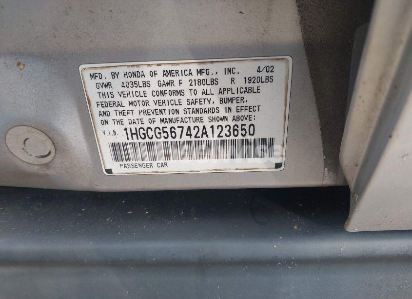 Photo 9 of 2002 Honda Accord 2.3 SE (VIN 1HGCG56742A123650)