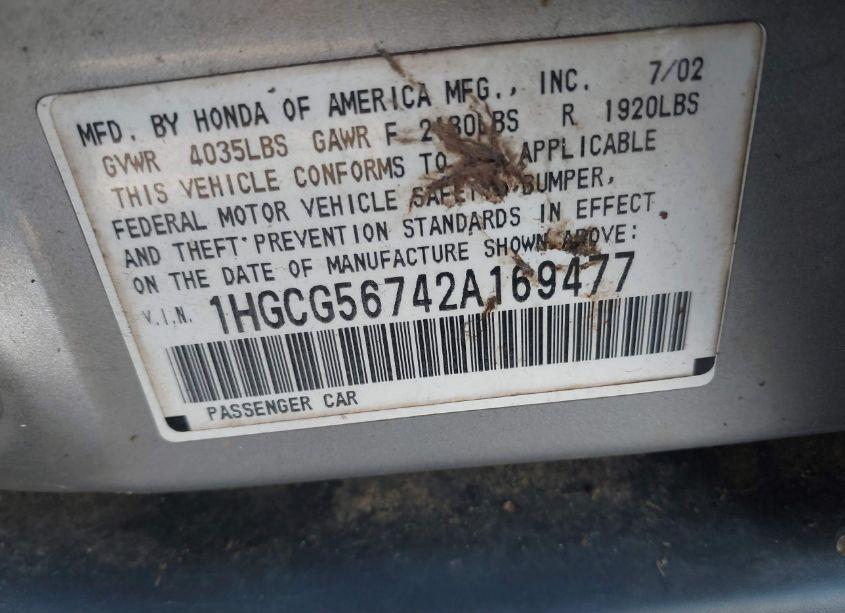 Photo 9 of 2002 Honda Accord 2.3 SE (VIN 1HGCG56742A169477)