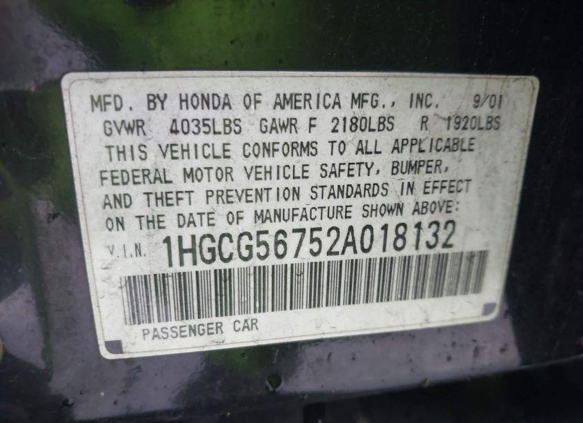 Photo 9 of 2002 Honda Accord 2.3 SE (VIN 1HGCG56752A018132)