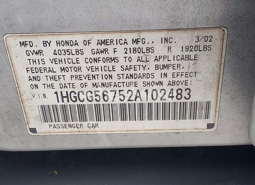 Photo 9 of 2002 Honda Accord 2.3 SE (VIN 1HGCG56752A102483)