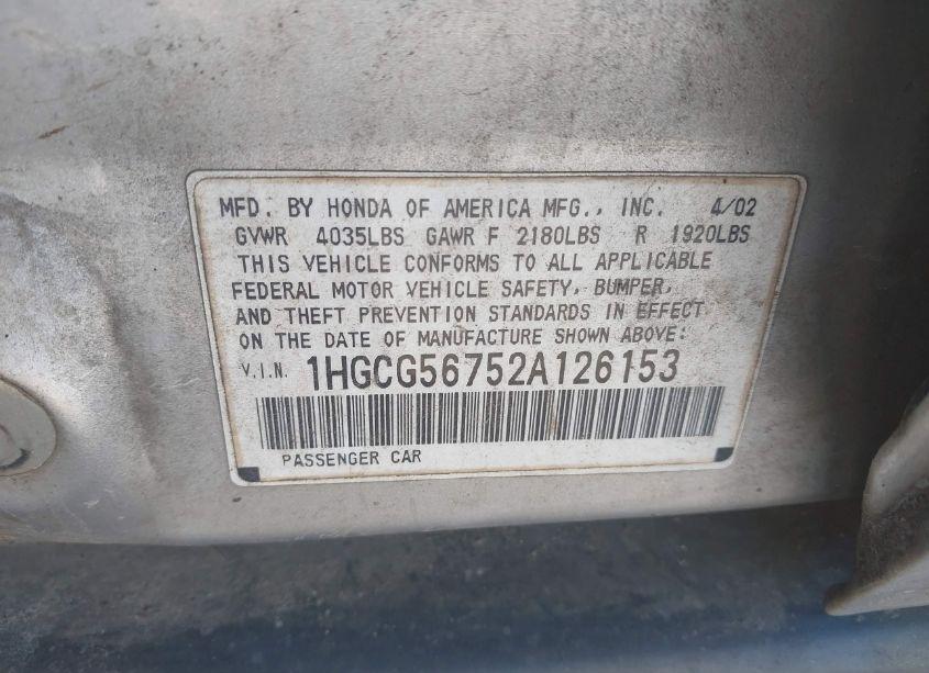 Photo 9 of 2002 Honda Accord 2.3 SE (VIN 1HGCG56752A126153)