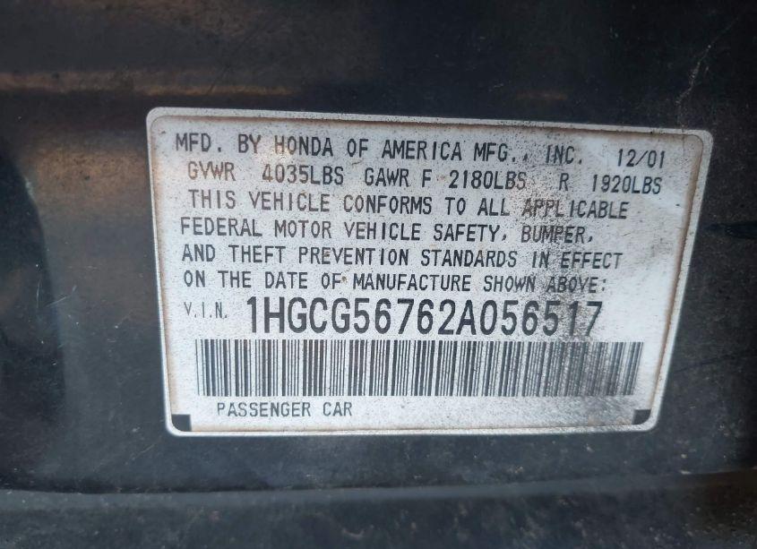 Photo 9 of 2002 Honda Accord 2.3 SE (VIN 1HGCG56762A056517)