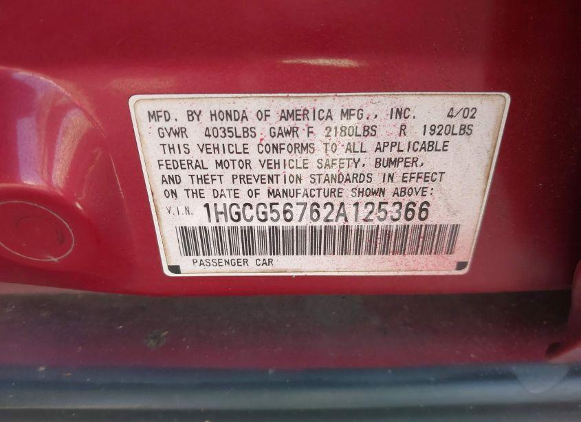 Photo 9 of 2002 Honda Accord 2.3 SE (VIN 1HGCG56762A125366)