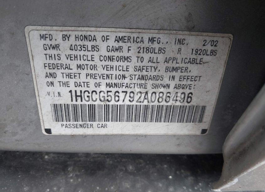 Photo 9 of 2002 Honda Accord 2.3 SE (VIN 1HGCG56792A086496)