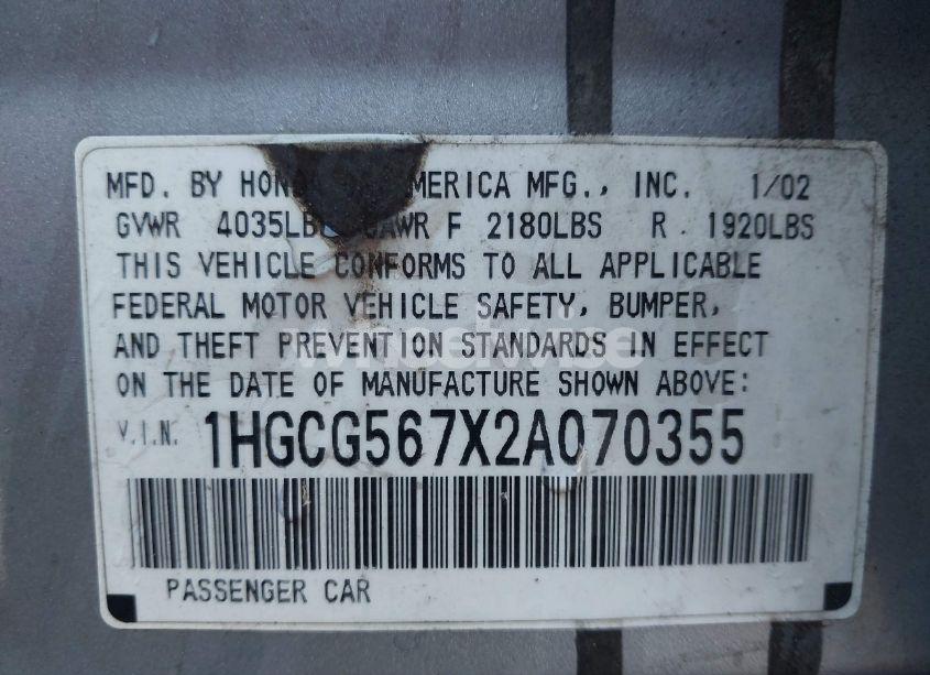 Photo 9 of 2002 Honda Accord 2.3 SE (VIN 1HGCG567X2A070355)