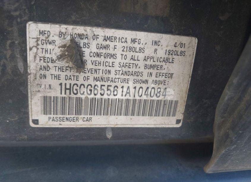 Photo 9 of 2001 Honda Accord 2.3 LX (VIN 1HGCG65561A104084)