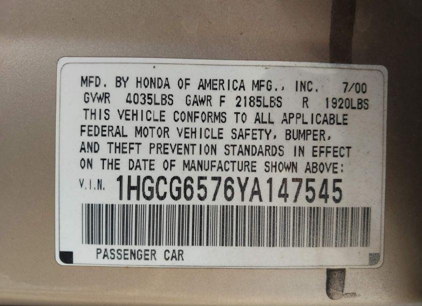 Photo 9 of 2000 Honda Accord 2.3 EX (VIN 1HGCG6576YA147545)