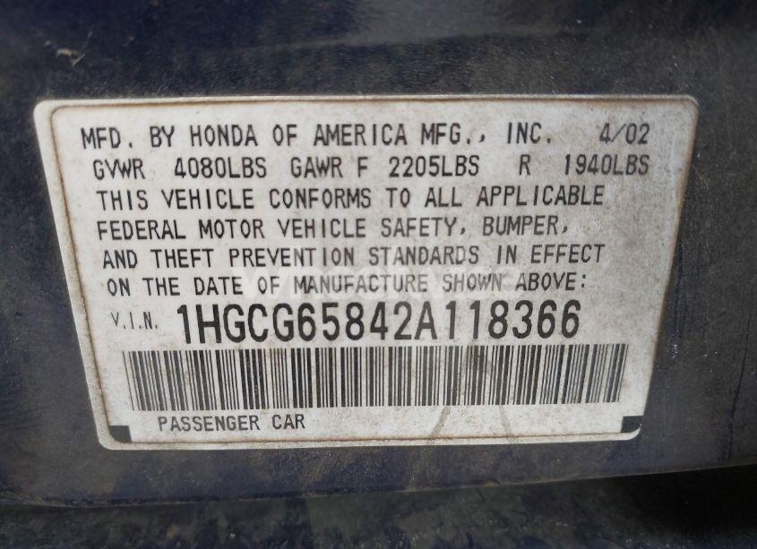 Photo 9 of 2002 Honda Accord 2.3 EX (VIN 1HGCG65842A118366)