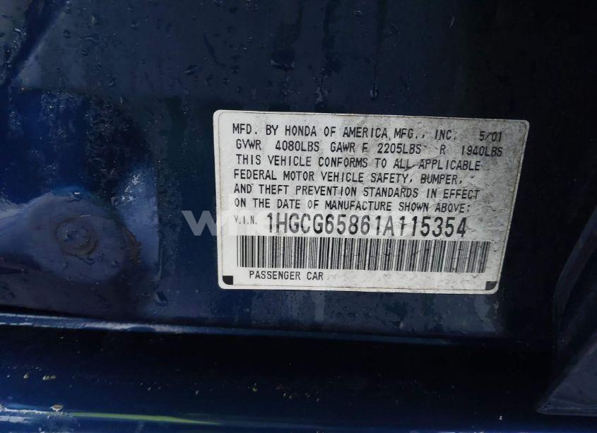 Photo 9 of 2001 Honda Accord SDN 2.3 EX/EX (VIN 1HGCG65861A115354)