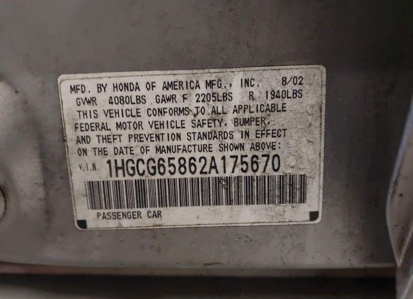 Photo 9 of 2002 Honda Accord 2.3 EX (VIN 1HGCG65862A175670)