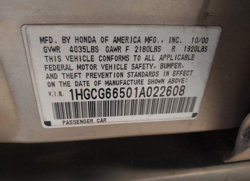 Photo 9 of 2001 Honda Accord 2.3 LX (VIN 1HGCG66501A022608)