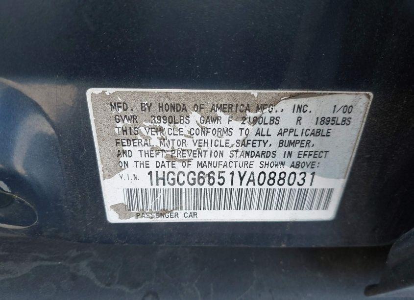 Photo 9 of 2000 Honda Accord 2.3 LX (VIN 1HGCG6651YA088031)