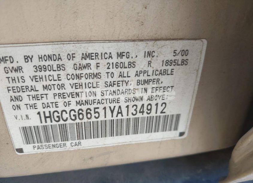 Photo 9 of 2000 Honda Accord 2.3 LX (VIN 1HGCG6651YA134912)