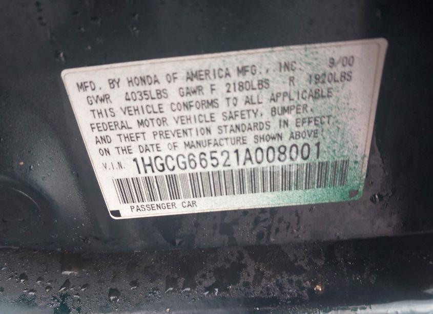 Photo 9 of 2001 Honda Accord 2.3 LX (VIN 1HGCG66521A008001)