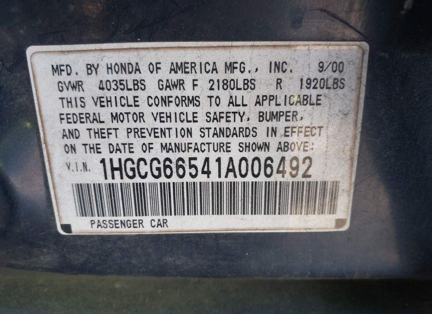 Photo 9 of 2001 Honda Accord 2.3 LX (VIN 1HGCG66541A006492)