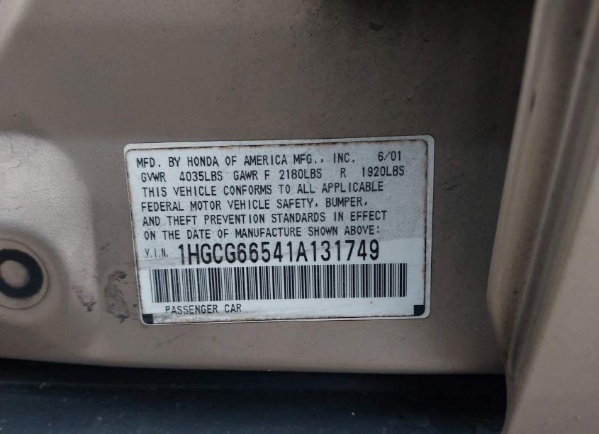 Photo 9 of 2001 Honda Accord 2.3 LX (VIN 1HGCG66541A131749)