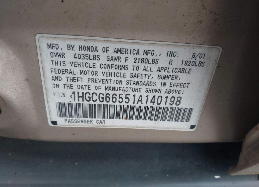Photo 9 of 2001 Honda Accord 2.3 LX (VIN 1HGCG66551A140198)