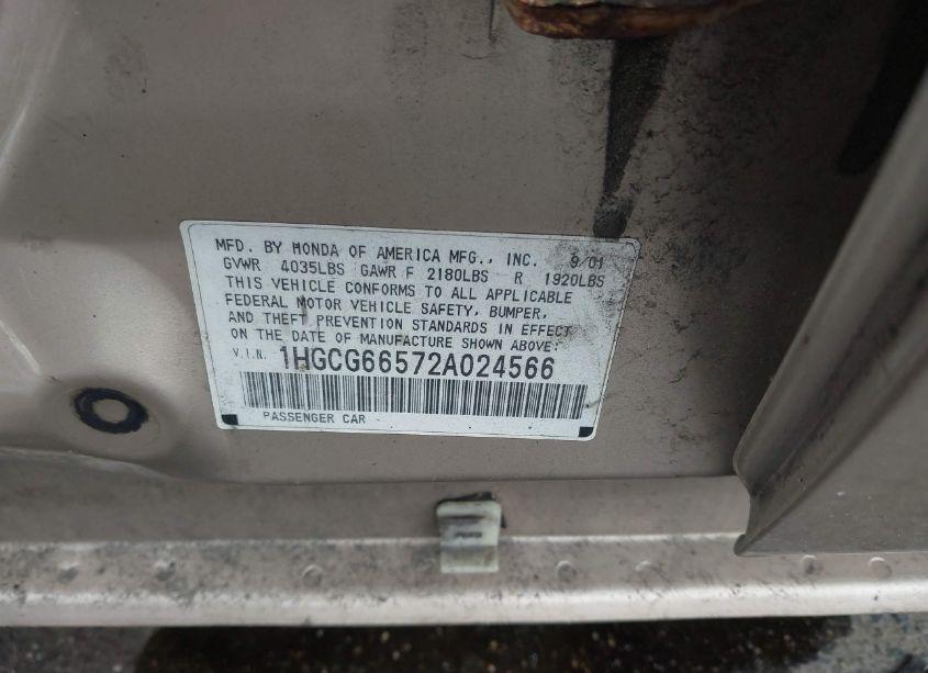 Photo 9 of 2002 Honda Accord 2.3 LX (VIN 1HGCG66572A024566)