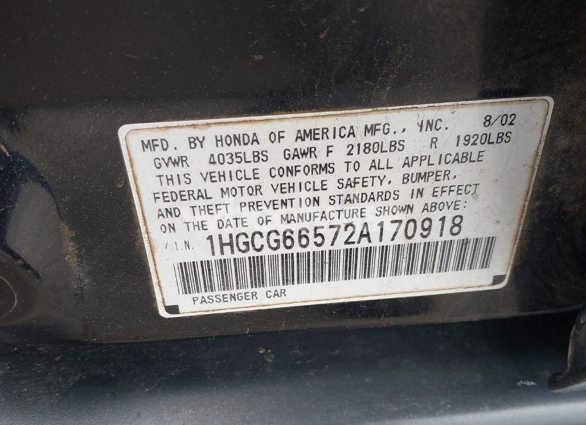 Photo 9 of 2002 Honda Accord 2.3 LX (VIN 1HGCG66572A170918)