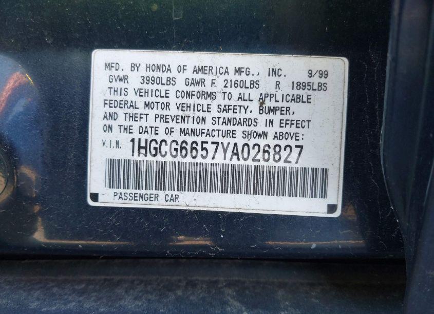 Photo 9 of 2000 Honda Accord 2.3 LX (VIN 1HGCG6657YA026827)