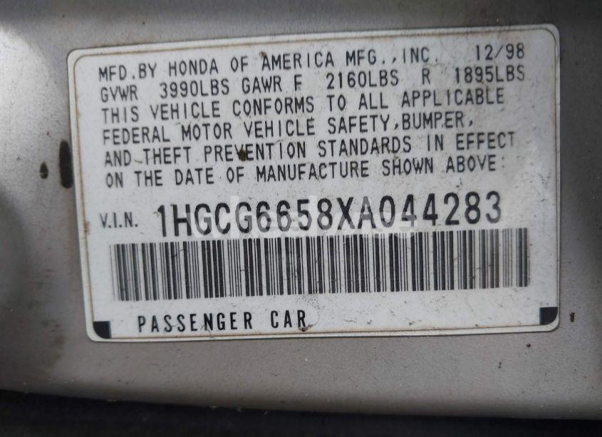 Photo 9 of 1999 Honda Accord LX (VIN 1HGCG6658XA044283)