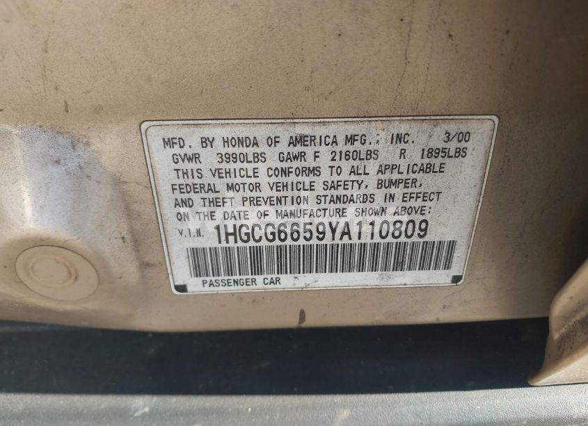 Photo 9 of 2000 Honda Accord 2.3 LX (VIN 1HGCG6659YA110809)