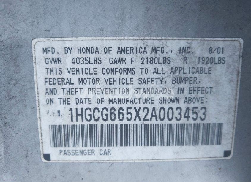 Photo 9 of 2002 Honda Accord 2.3 LX (VIN 1HGCG665X2A003453)