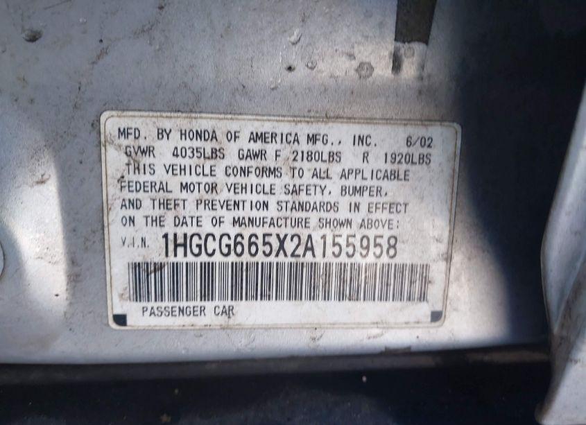 Photo 9 of 2002 Honda Accord 2.3 LX (VIN 1HGCG665X2A155958)