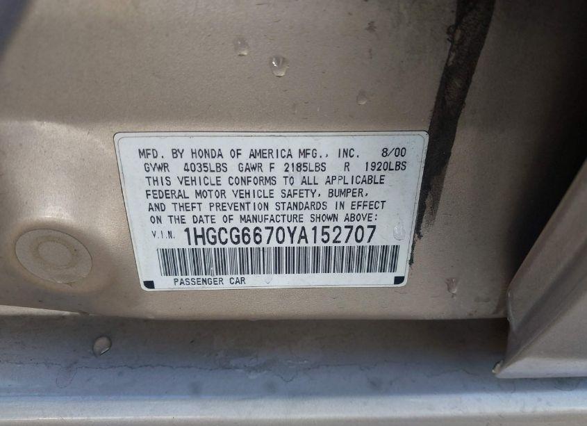 Photo 9 of 2000 Honda Accord 2.3 EX (VIN 1HGCG6670YA152707)