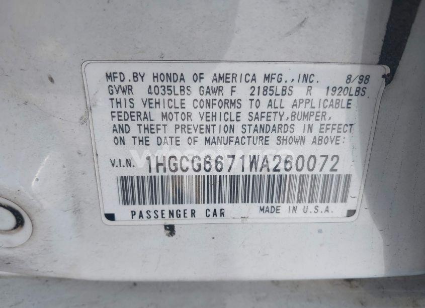 Photo 9 of 1998 Honda Accord EX (VIN 1HGCG6671WA260072)