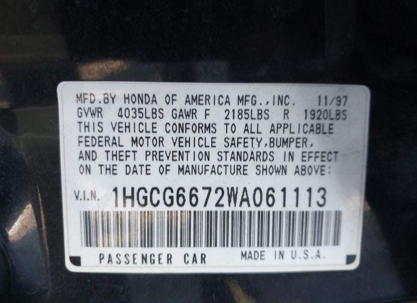Photo 9 of 1998 Honda Accord EX (VIN 1HGCG6672WA061113)