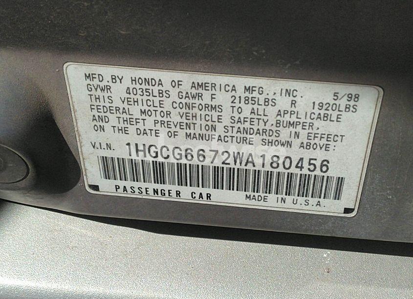 Photo 9 of 1998 Honda Accord EX (VIN 1HGCG6672WA180456)