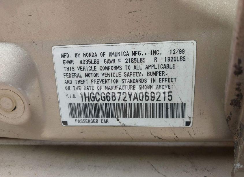 Photo 9 of 2000 Honda Accord 2.3 EX (VIN 1HGCG6672YA069215)
