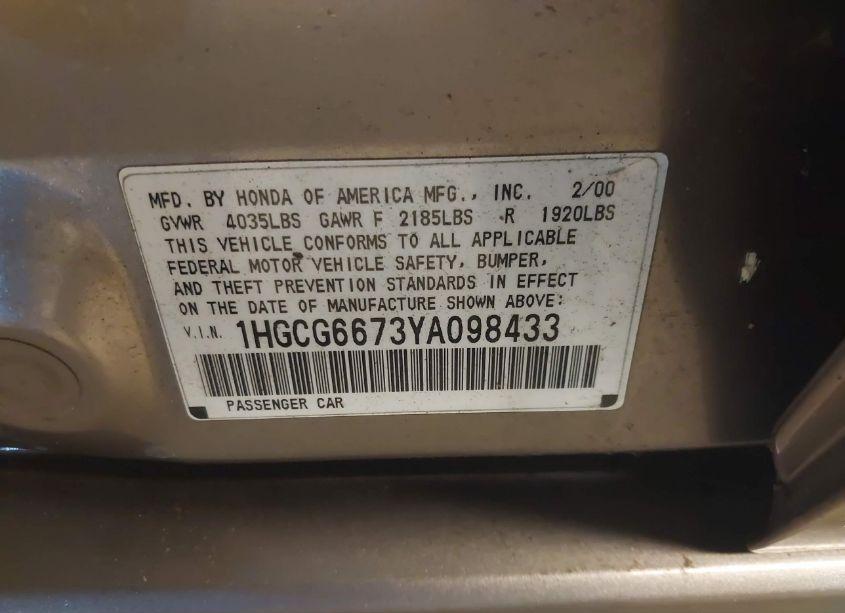 Photo 9 of 2000 Honda Accord 2.3 EX (VIN 1HGCG6673YA098433)