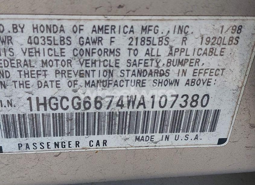 Photo 9 of 1998 Honda Accord EX (VIN 1HGCG6674WA107380)