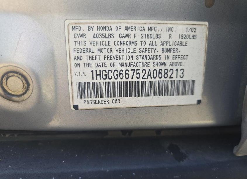 Photo 9 of 2002 Honda Accord 2.3 LX (VIN 1HGCG66752A068213)