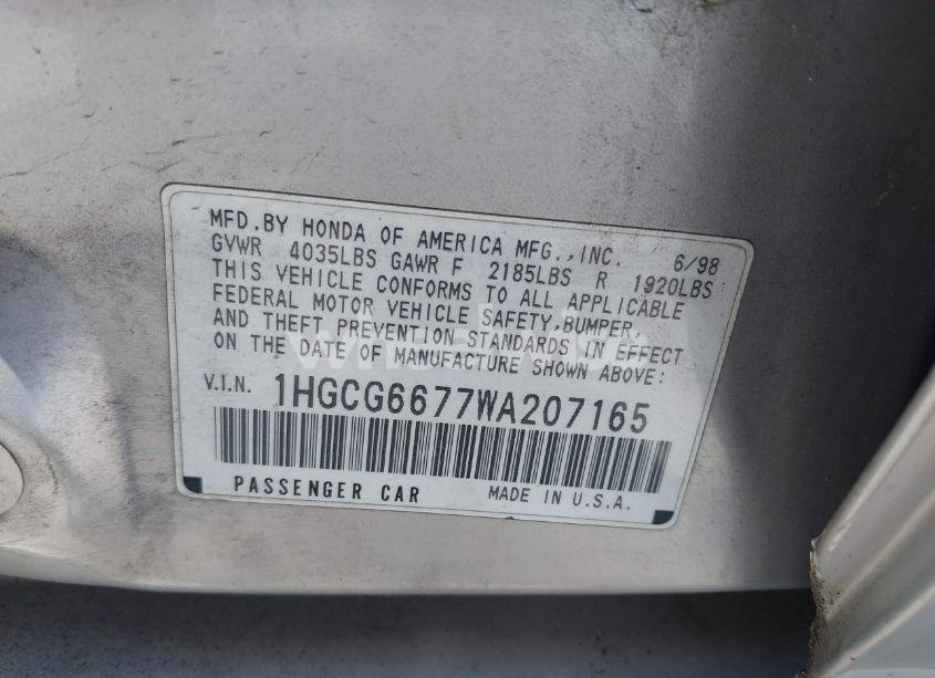 Photo 9 of 1998 Honda Accord EX (VIN 1HGCG6677WA207165)