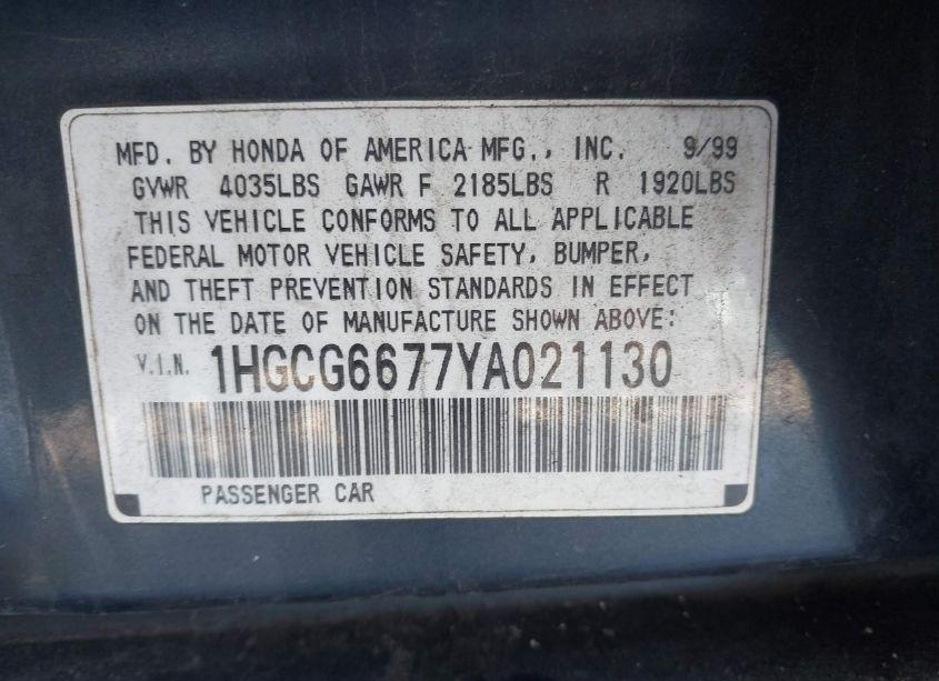 Photo 9 of 2000 Honda Accord 2.3 EX (VIN 1HGCG6677YA021130)