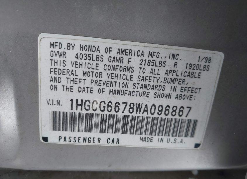 Photo 9 of 1998 Honda Accord EX (VIN 1HGCG6678WA096867)