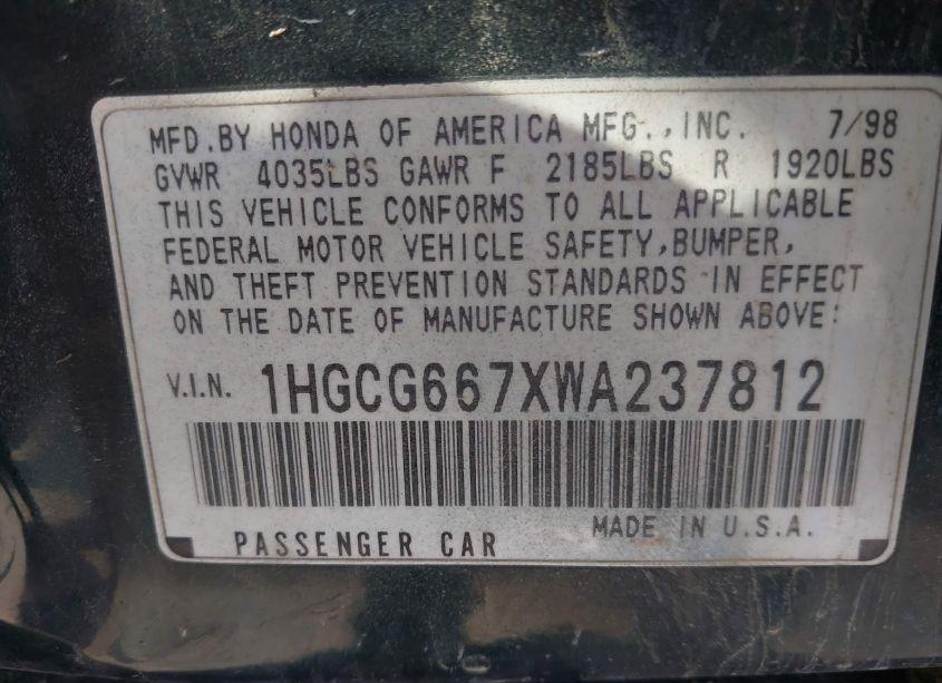 Photo 9 of 1998 Honda Accord EX (VIN 1HGCG667XWA237812)