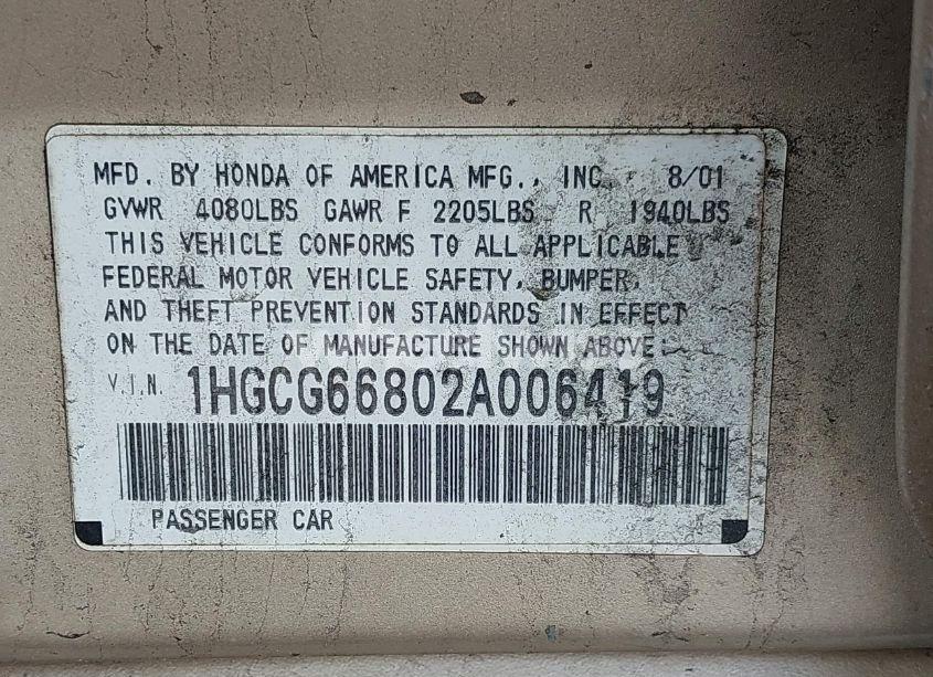 Photo 9 of 2002 Honda Accord 2.3 EX/2.3 SE (VIN 1HGCG66802A006419)