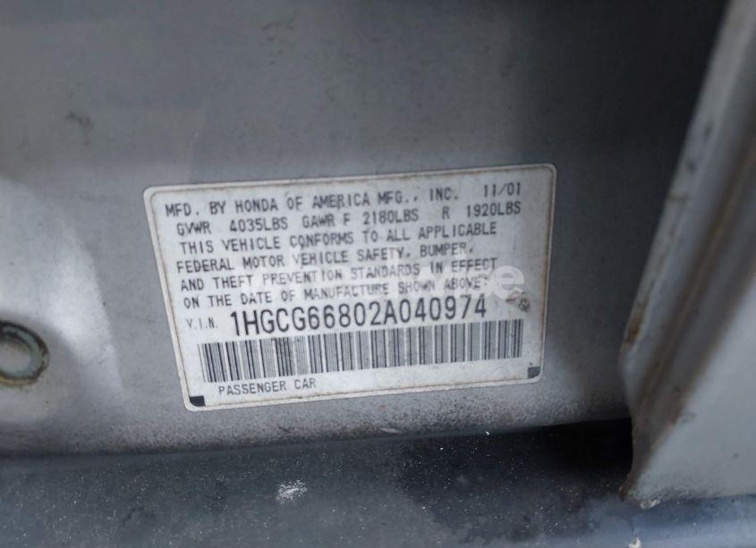 Photo 9 of 2002 Honda Accord 2.3 EX/2.3 SE (VIN 1HGCG66802A040974)