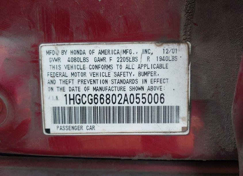 Photo 9 of 2002 Honda Accord 2.3 EX/2.3 SE (VIN 1HGCG66802A055006)