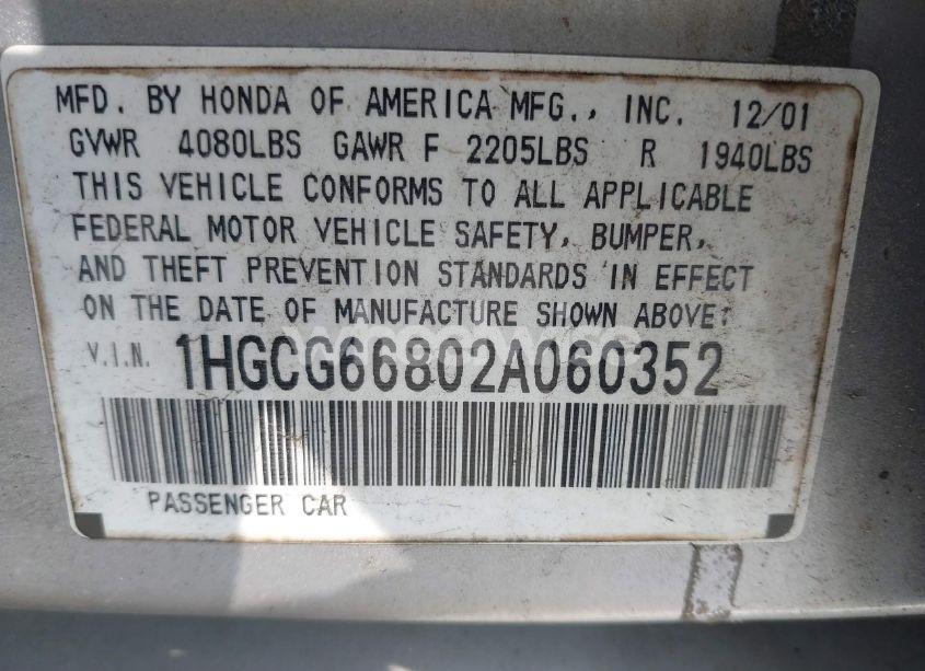 Photo 9 of 2002 Honda Accord 2.3 EX/2.3 SE (VIN 1HGCG66802A060352)