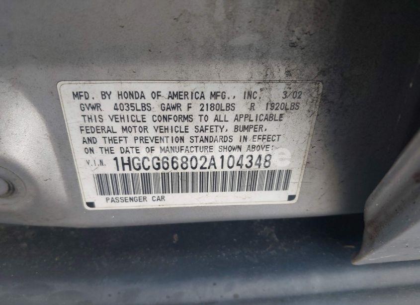 Photo 9 of 2002 Honda Accord 2.3 EX/2.3 SE (VIN 1HGCG66802A104348)