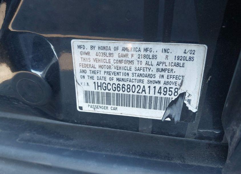 Photo 9 of 2002 Honda Accord 2.3 EX/2.3 SE (VIN 1HGCG66802A114958)