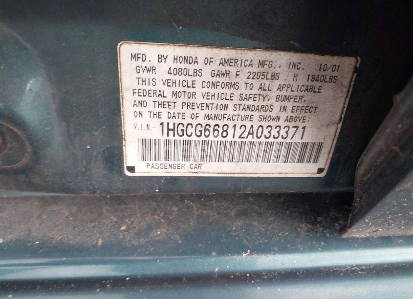 Photo 9 of 2002 Honda Accord 2.3 EX/2.3 SE (VIN 1HGCG66812A033371)