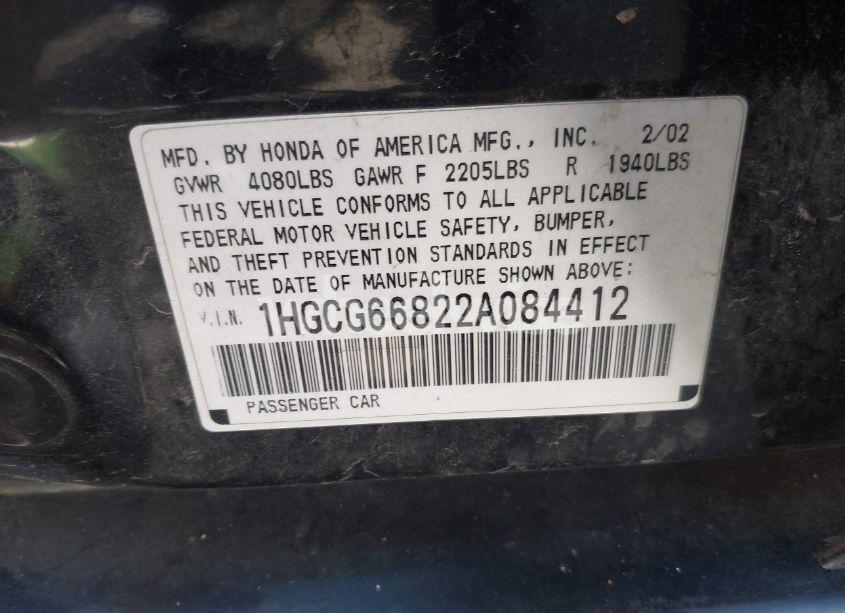 Photo 9 of 2002 Honda Accord 2.3 EX/2.3 SE (VIN 1HGCG66822A084412)