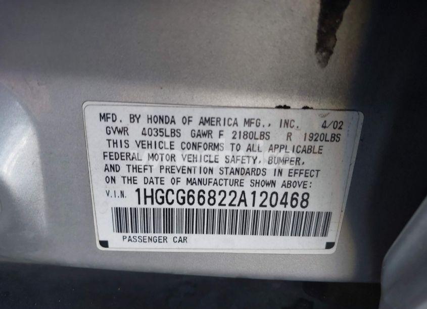 Photo 9 of 2002 Honda Accord 2.3 EX/2.3 SE (VIN 1HGCG66822A120468)